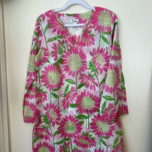 Lilly Pulitzer Pink Green Sunflower Embroidered Sheer Tunic Coverup Sz M